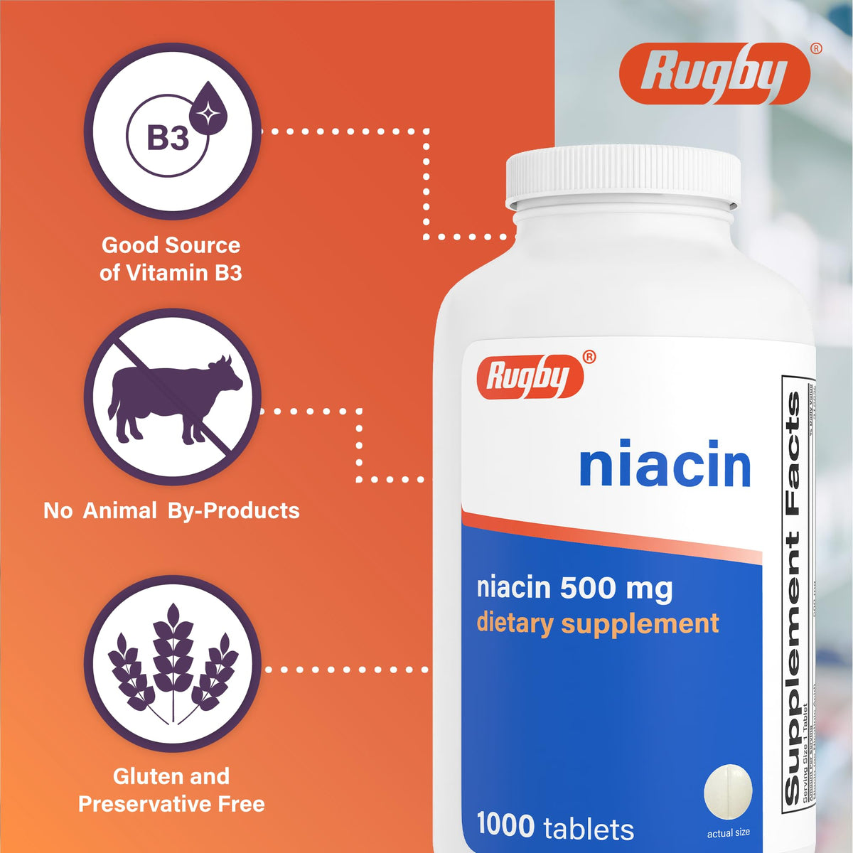 RUGBY LABORATORIES Niacine 500mg comprimés, arrière de la boîte