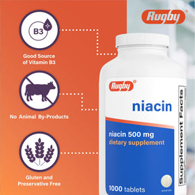 RUGBY LABORATORIES Niacine 500mg comprimés, arrière de la boîte