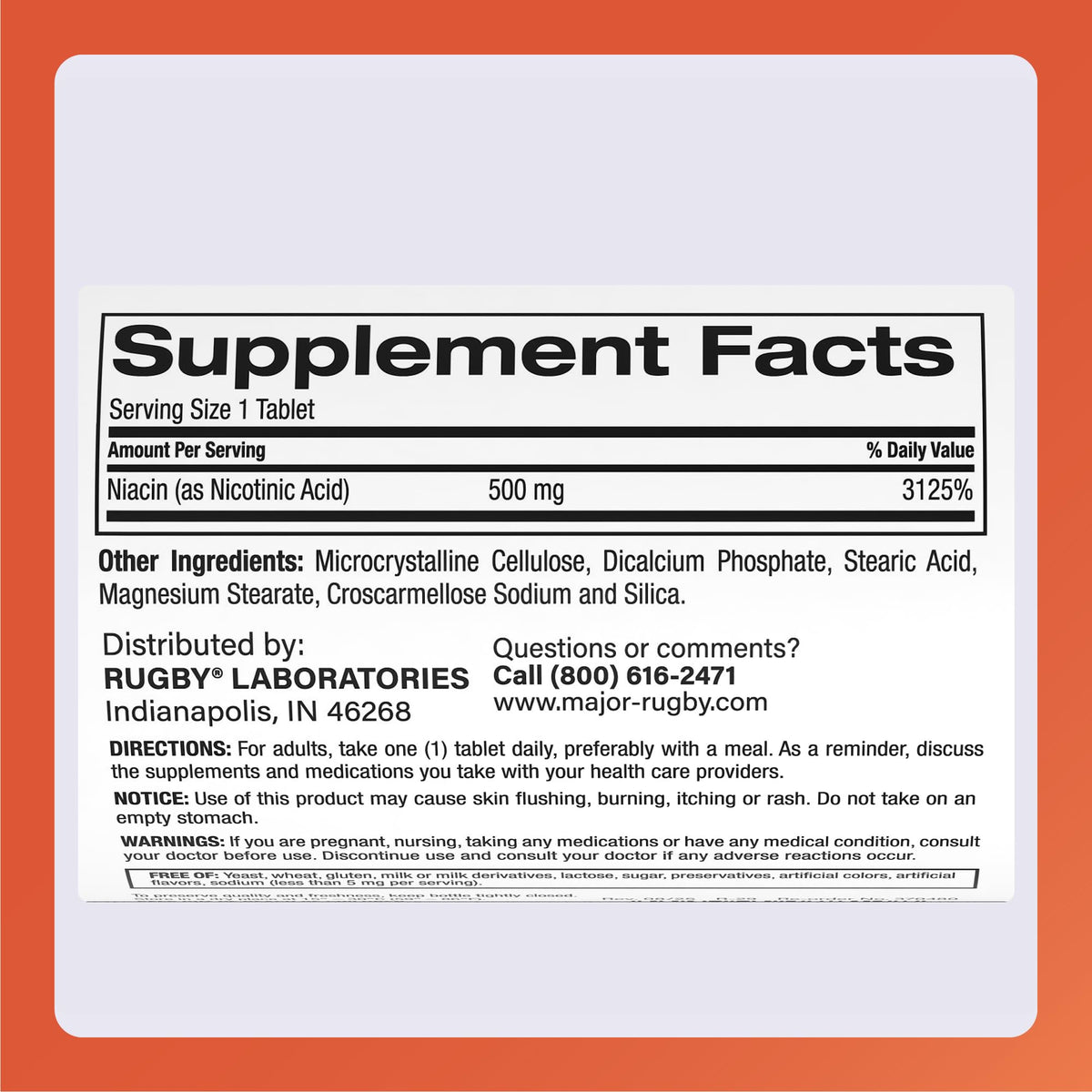 RUGBY LABORATORIES Niacine 500mg comprimés, comprimés sur une surface blanche