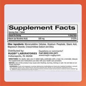RUGBY LABORATORIES Niacine 500mg comprimés, comprimés sur une surface blanche