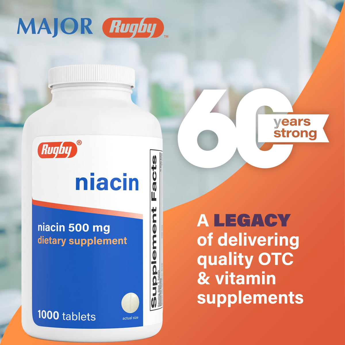 RUGBY LABORATORIES Niacine 500mg comprimés, vue de côté de la boîte