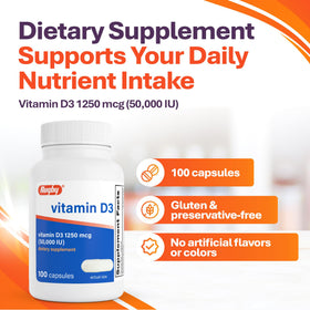 RUGBY LABORATORIES Vitamine D3 50 000 UI 100 capsules, côté