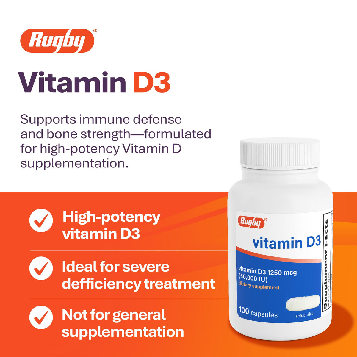 RUGBY LABORATORIES Vitamine D3 50 000 UI 100 capsules, emballage