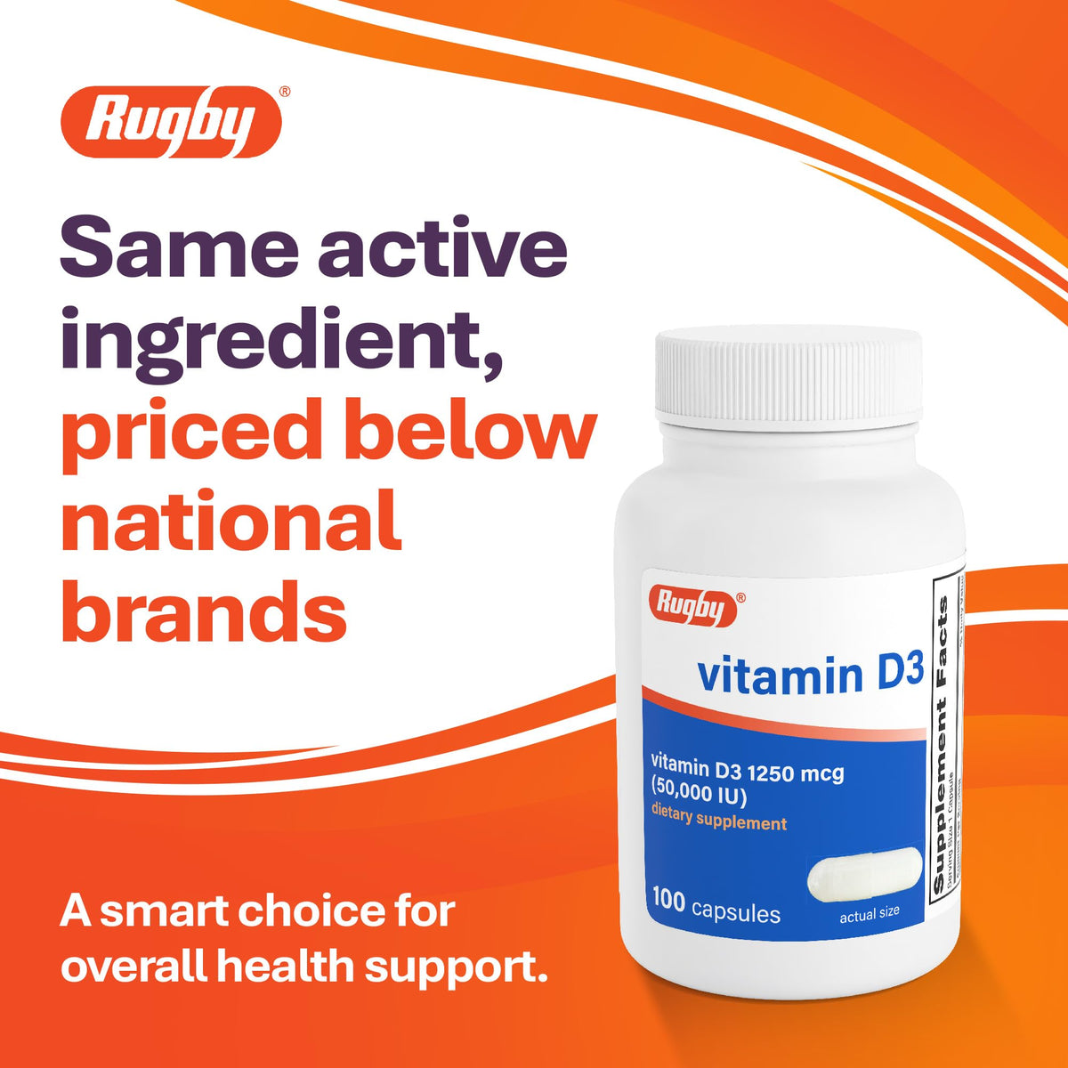 RUGBY LABORATORIES Vitamine D3 50 000 UI 100 capsules, vue arrière