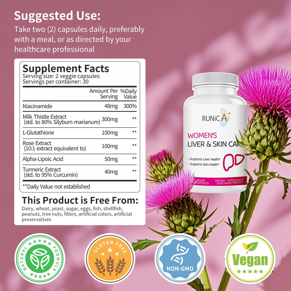 RUNICA Chardon-Marie 300mg 60 capsules avec ingrédients sur le côté