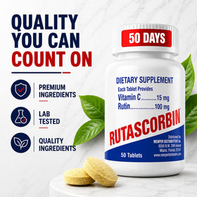 RUTASCORBIN Rutin & Vitamine C comprimés à côté d'une assiette de fruits