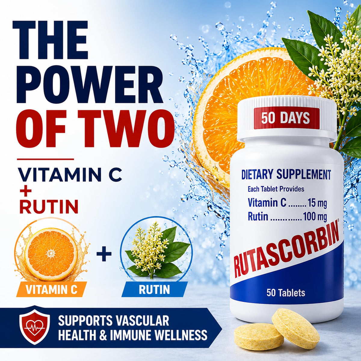 RUTASCORBIN Rutin & Vitamine C tablettes sur une surface blanche