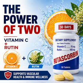 RUTASCORBIN Rutin & Vitamine C tablettes sur une surface blanche