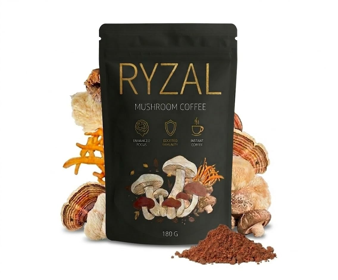 RYZAL Café aux Champignons Instantané devant un fond neutre