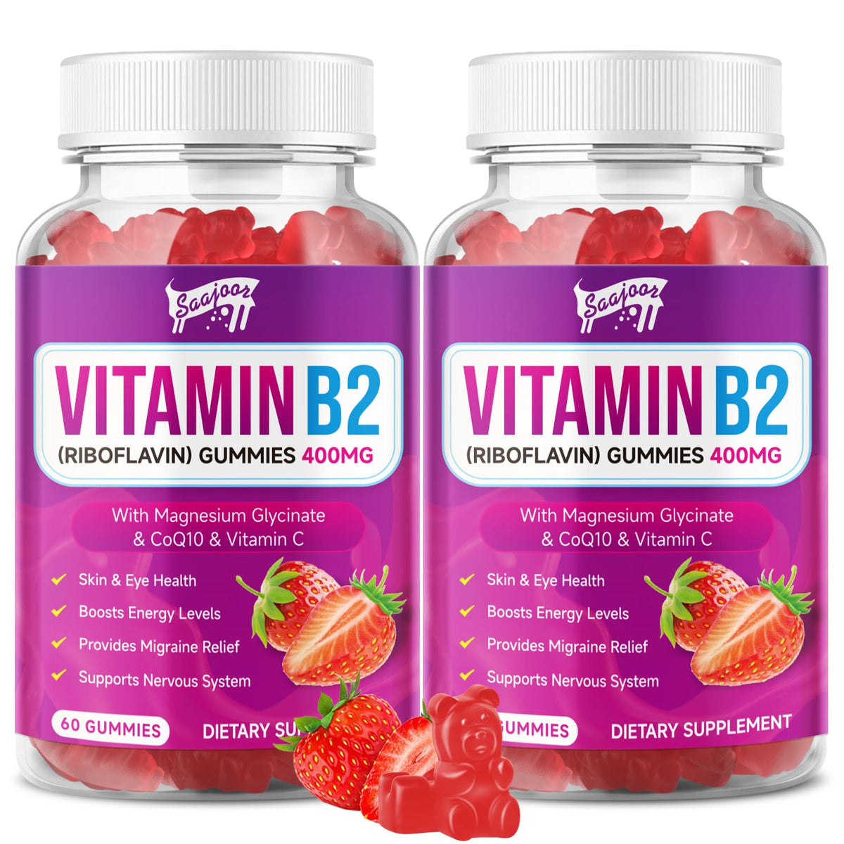 Saajoor Gummies de Vitamine B2 400 mg pot de 120 gummies fraise