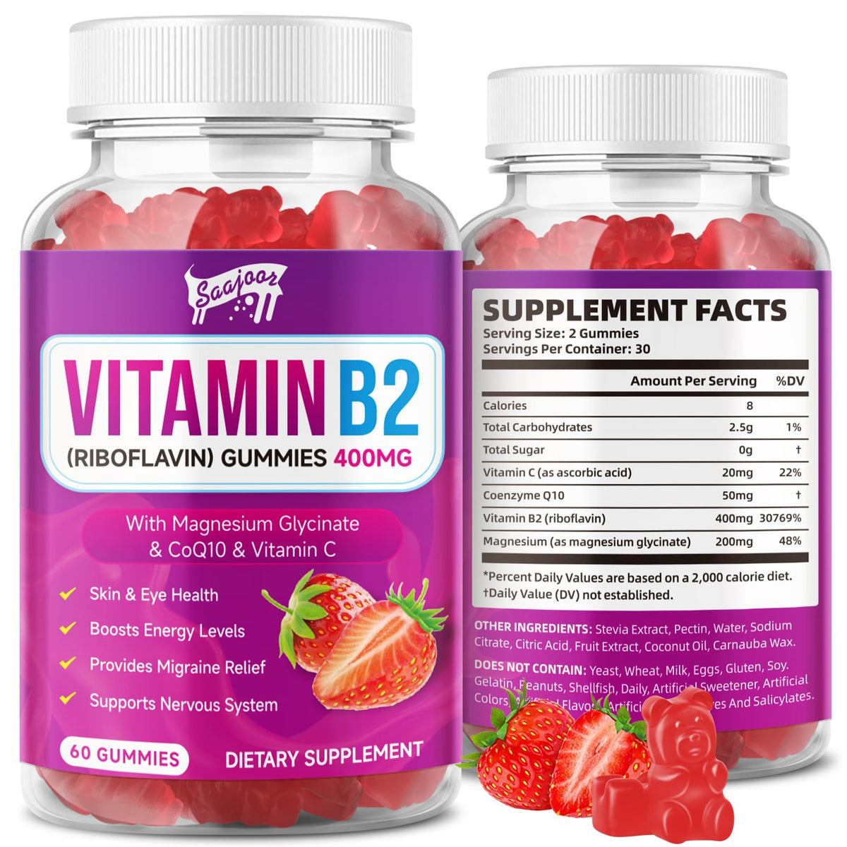 Saajoor Gummies de Vitamine B2 400 mg pot vue de face