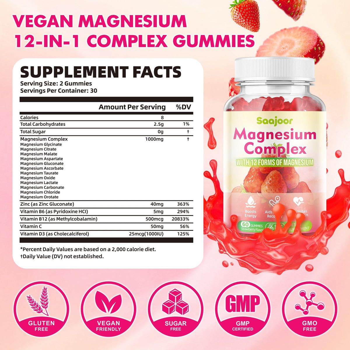 Saajoor Gummies Magnésium 120 Gouttes avec illustration des ingrédients