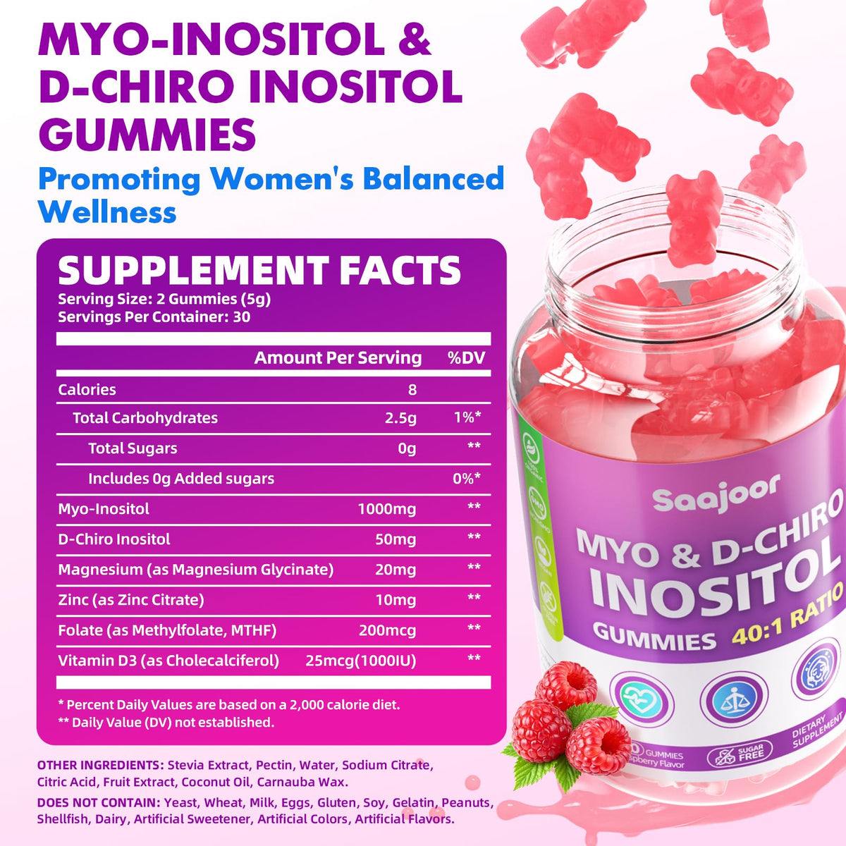 Saajoor Gummies Myo-Inositol & D-Chiro-Inositol raspberry flavor close-up