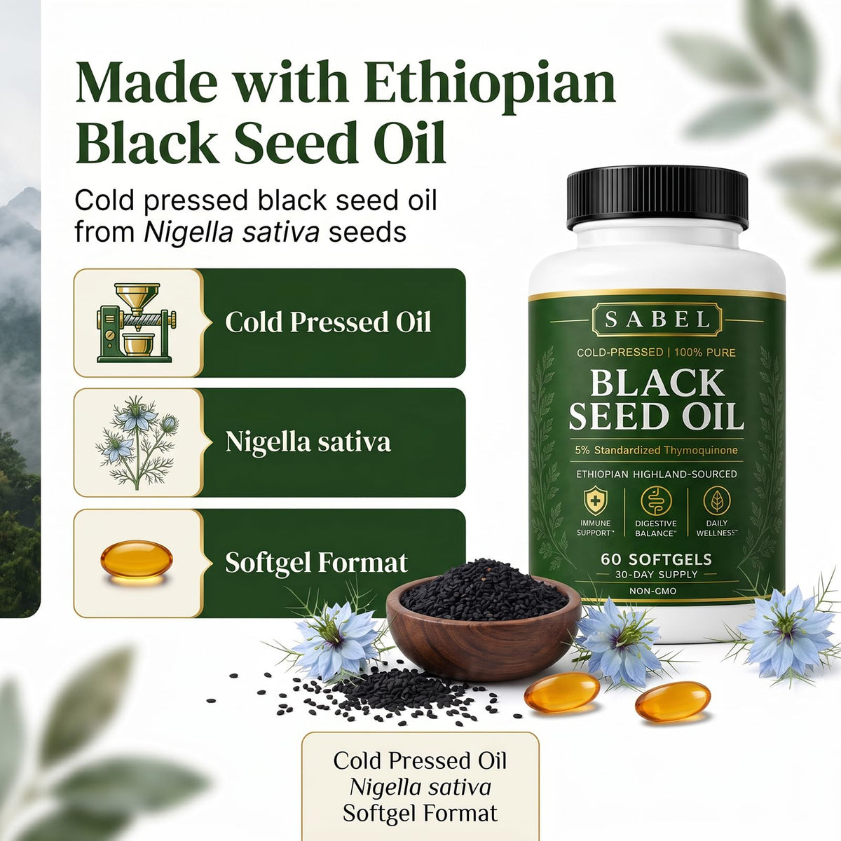 Sabel Huile de Graines Noires Éthiopienne Softgels capsules sur une table