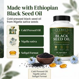 Sabel Huile de Graines Noires Éthiopienne Softgels capsules sur une table