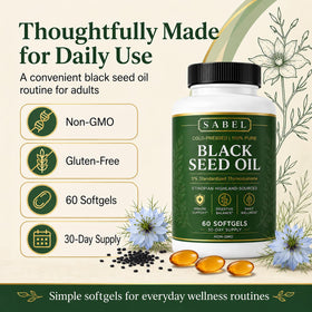 Sabel Huile de Graines Noires Éthiopienne Softgels sur fond blanc