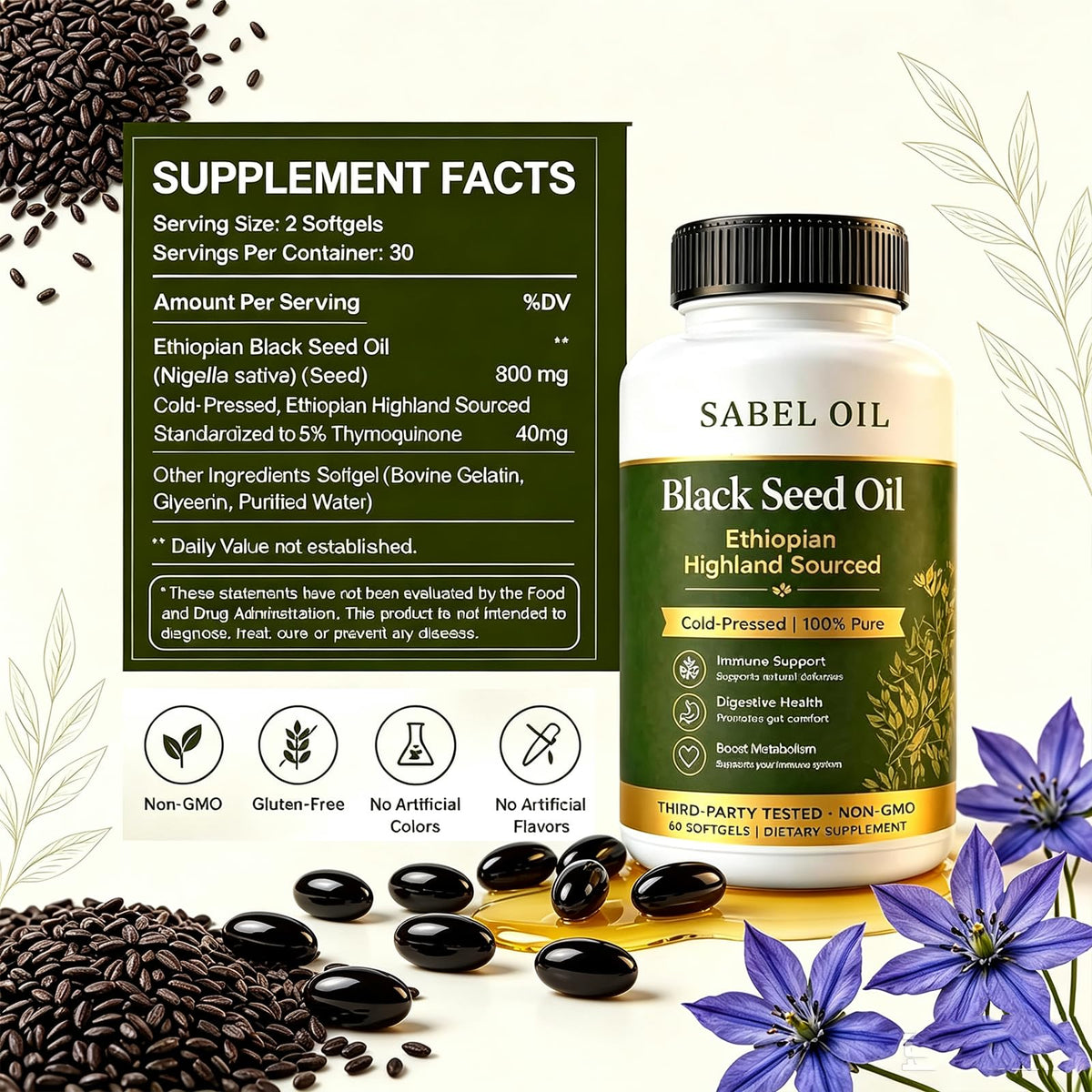 Sabel Oil Huile de Graine Noire Éthiopienne gélules ouvertes sur une table
