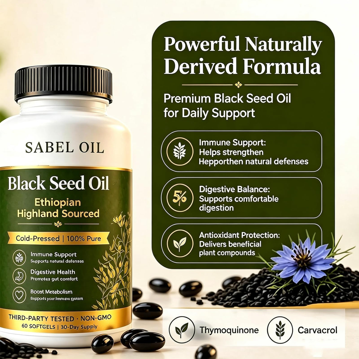 Sabel Oil Huile de Graine Noire Éthiopienne gélules sur fond blanc