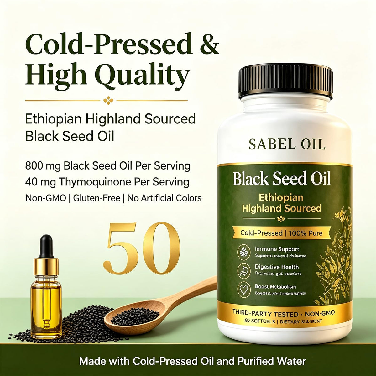 Sabel Oil Huile de Graine Noire Éthiopienne vue latérale des gélules
