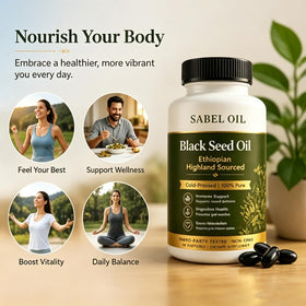 Sabel Oil huile de graines noires éthiopiennes avec ingrédients naturels affichés