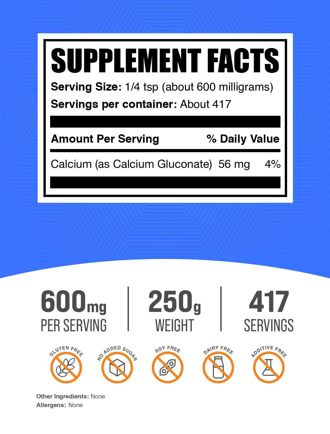 Sac de 250g de poudre de gluconate de calcium BulkSupplements
