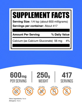 Sac de 250g de poudre de gluconate de calcium BulkSupplements
