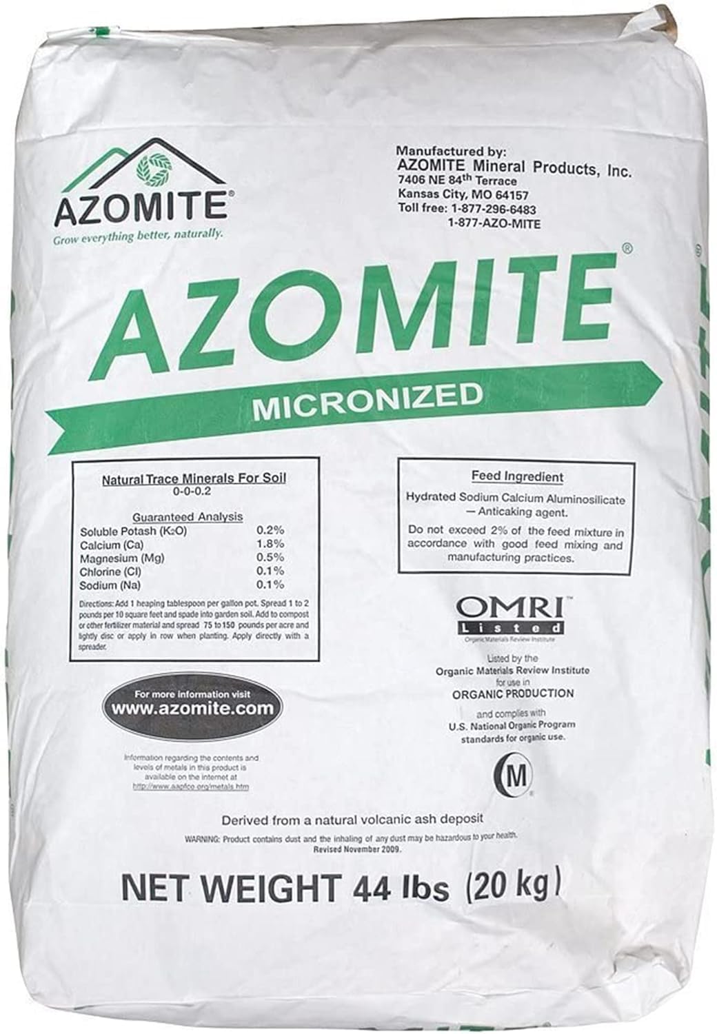 Sac de 44lb de minéraux trace Azomite vue de face