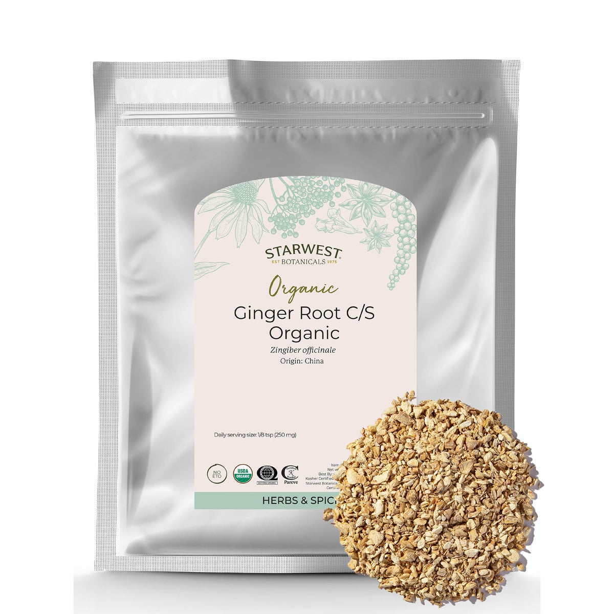 Sac de gingembre séché bio Starwest Botanicals 472g vue de face