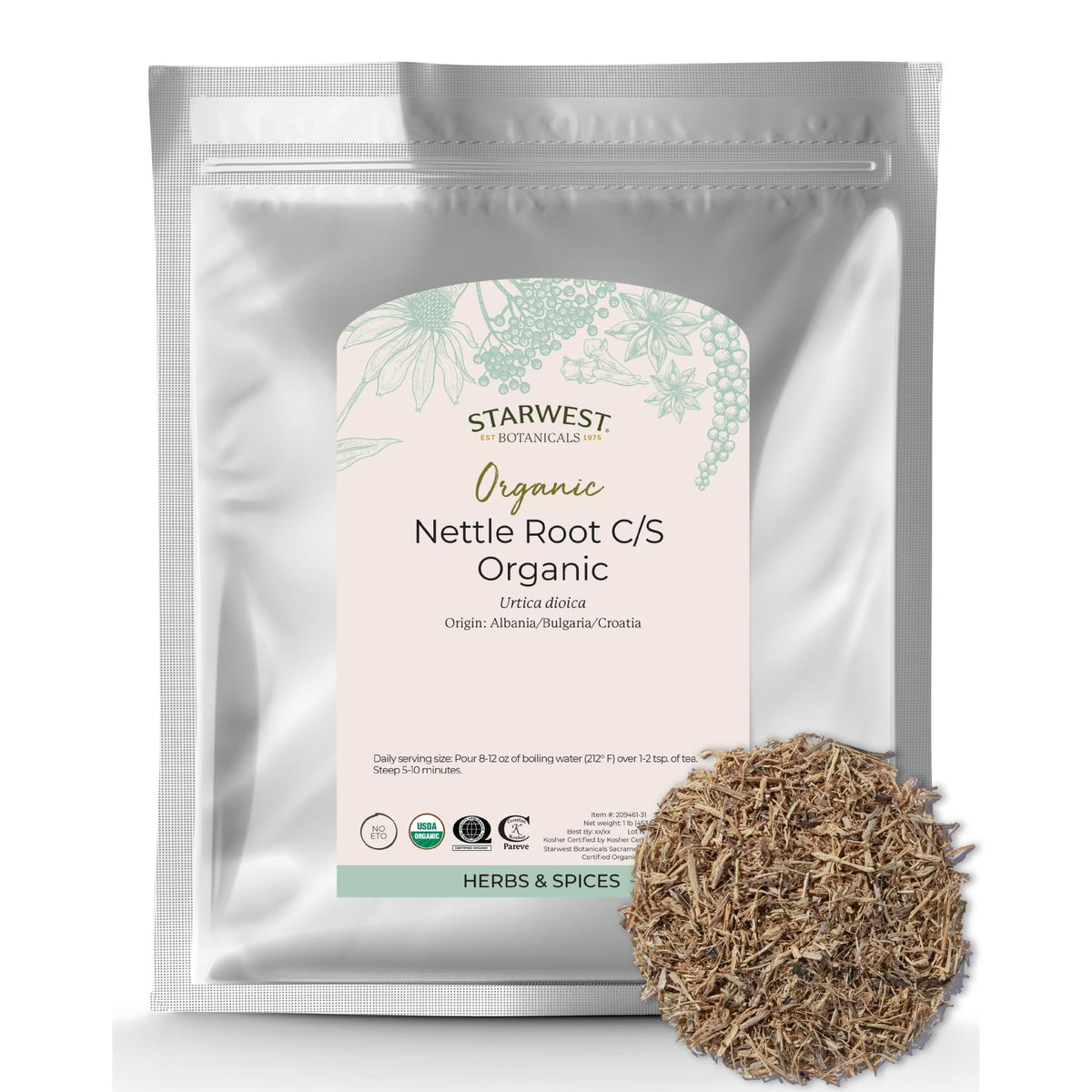 Sac de racine d'ortie bio Starwest Botanicals 481g vue de face