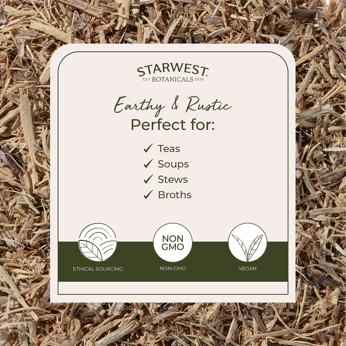 Sac de racine d'ortie bio Starwest Botanicals ouvert avec contenu