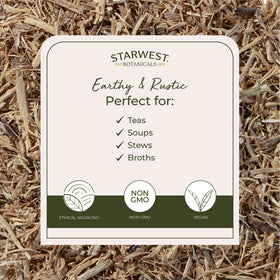 Sac de racine d'ortie bio Starwest Botanicals ouvert avec contenu
