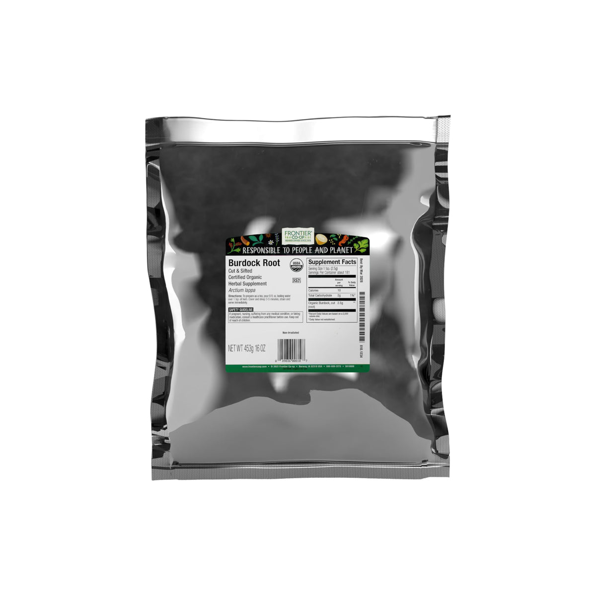 Sac de racine de bardane Frontier Co-op 472g vue de face