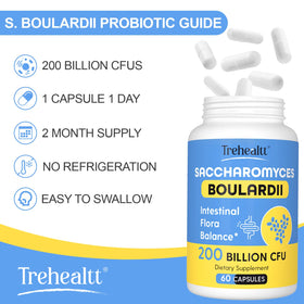 Saccharomyces Boulardii Trehealtt, flacon ouvert avec capsules visibles