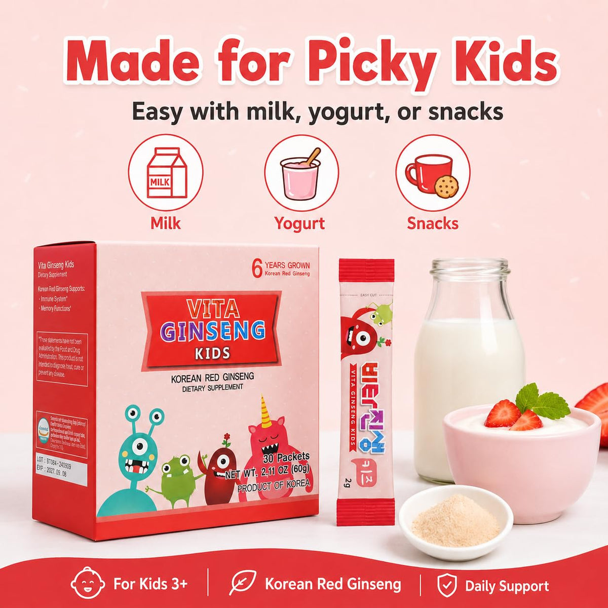 Sachet BTGIN Vita Ginseng Enfants avec fruits et légumes en arrière-plan