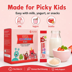 Sachet BTGIN Vita Ginseng Enfants avec fruits et légumes en arrière-plan