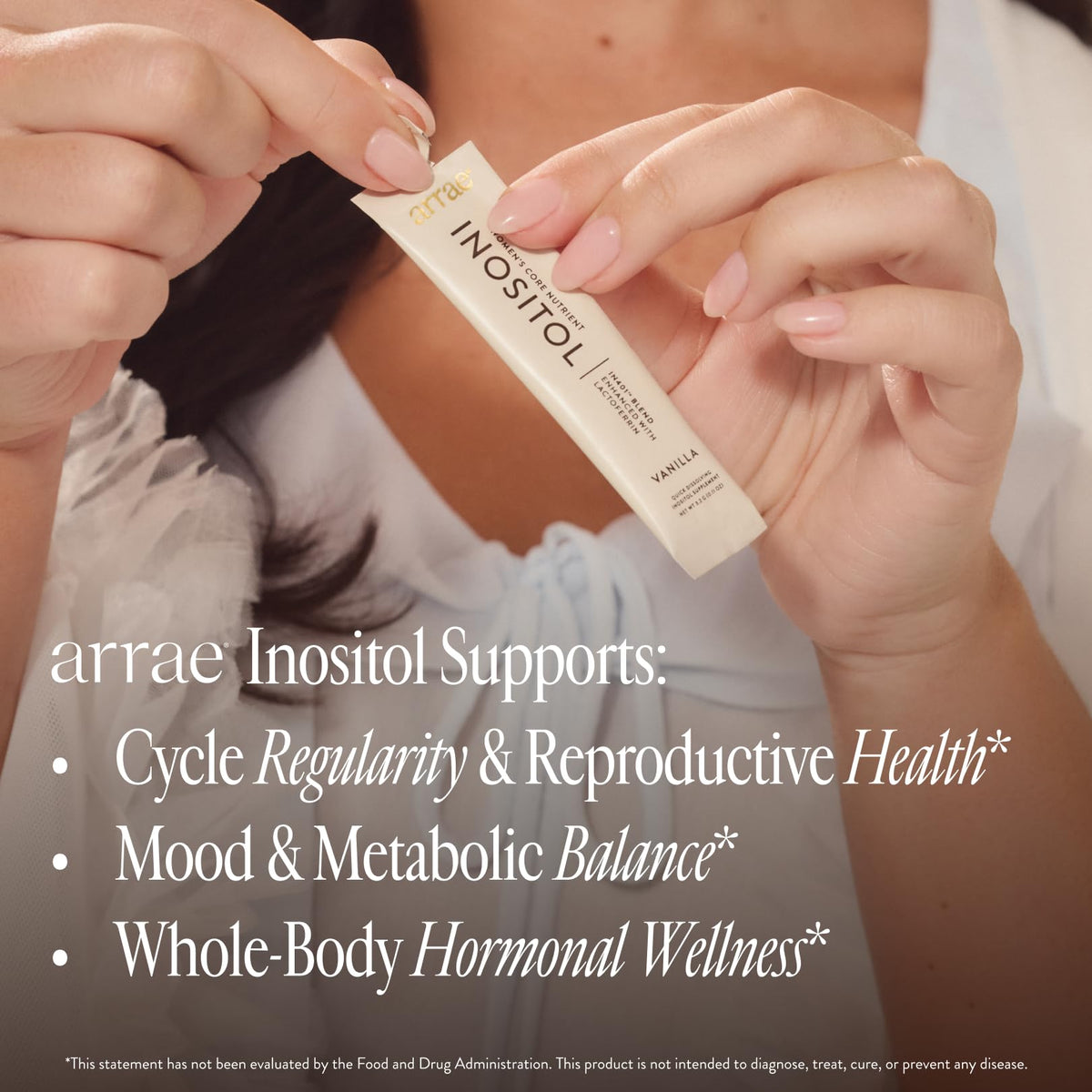 Sachet d'Arrae Inositol 40:1 ouvert avec poudre visible
