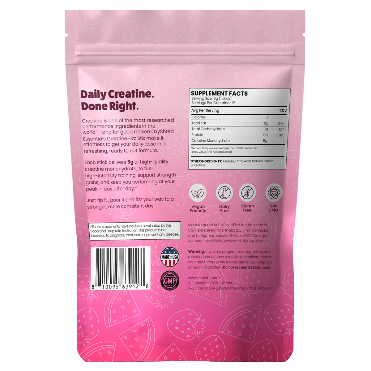 Sachet d'EHP Labs OxyShred Fizz Stick fraise pastèque à l'intérieur