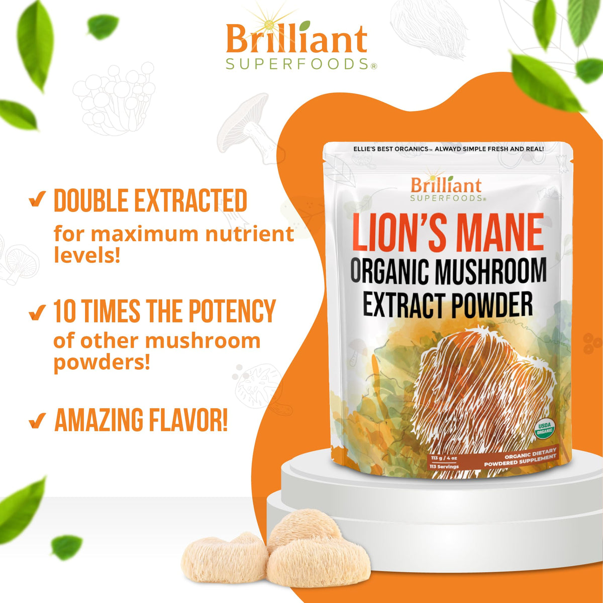 Sachet d'extrait de Lion's Mane Ellie's Best avec étiquette bio