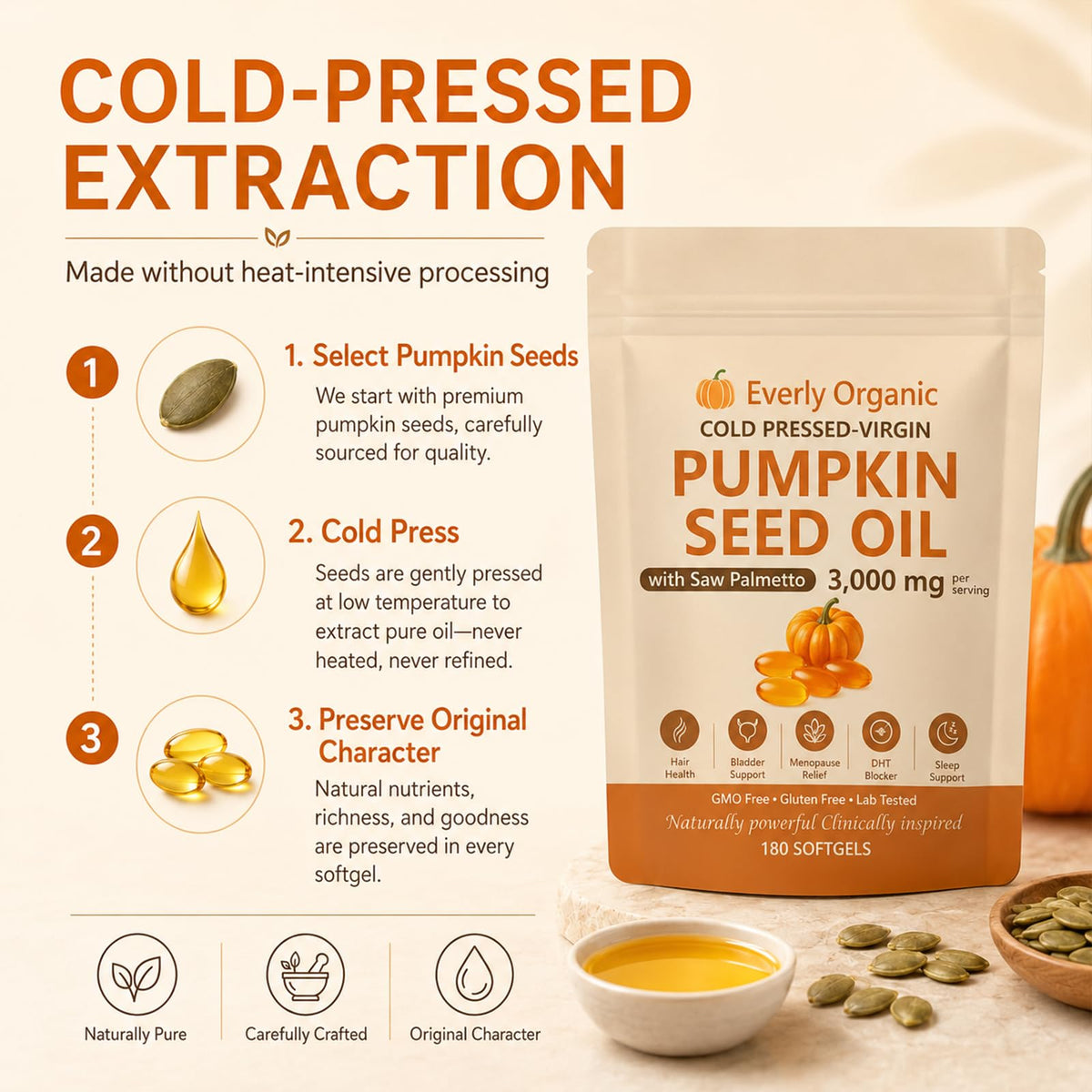 Sachet d'huile de pépin de citrouille Everly ouvert avec gélules