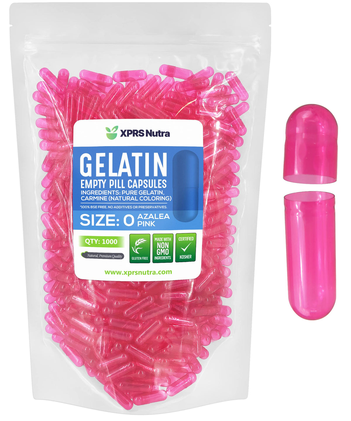 Sachet de 1000 capsules vides taille 0 XPRS Nutra en couleur azalea pink