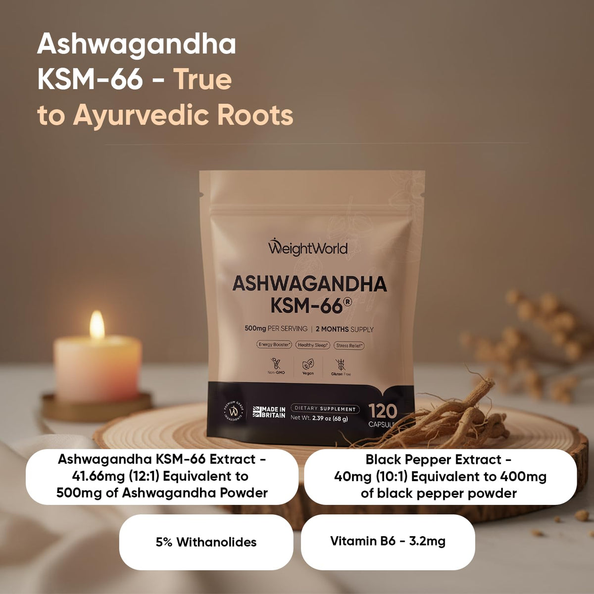Sachet de 120 capsules d'Ashwagandha KSM-66 de WeightWorld