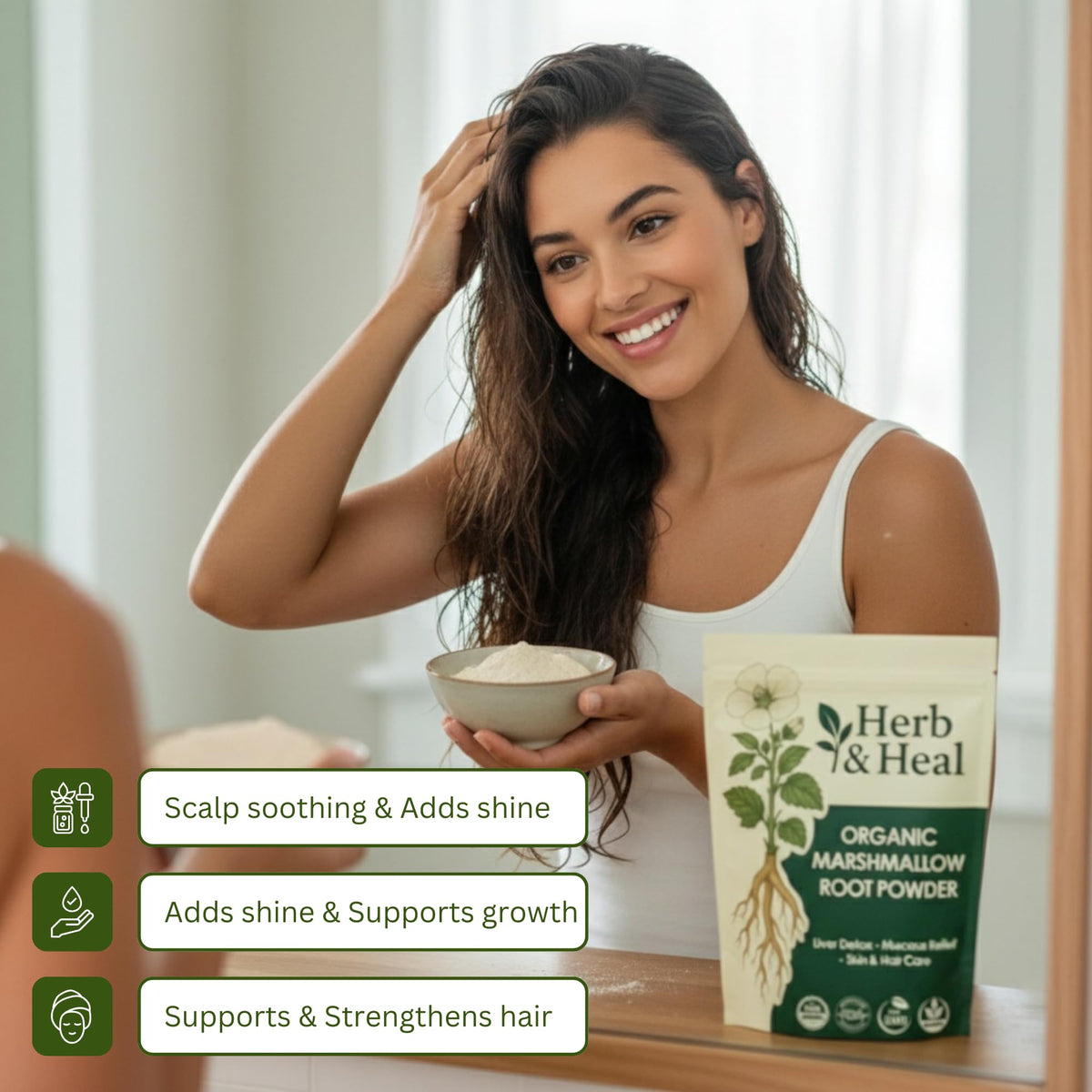Sachet de 231g de poudre de racine de guimauve bio sur une table en bois
