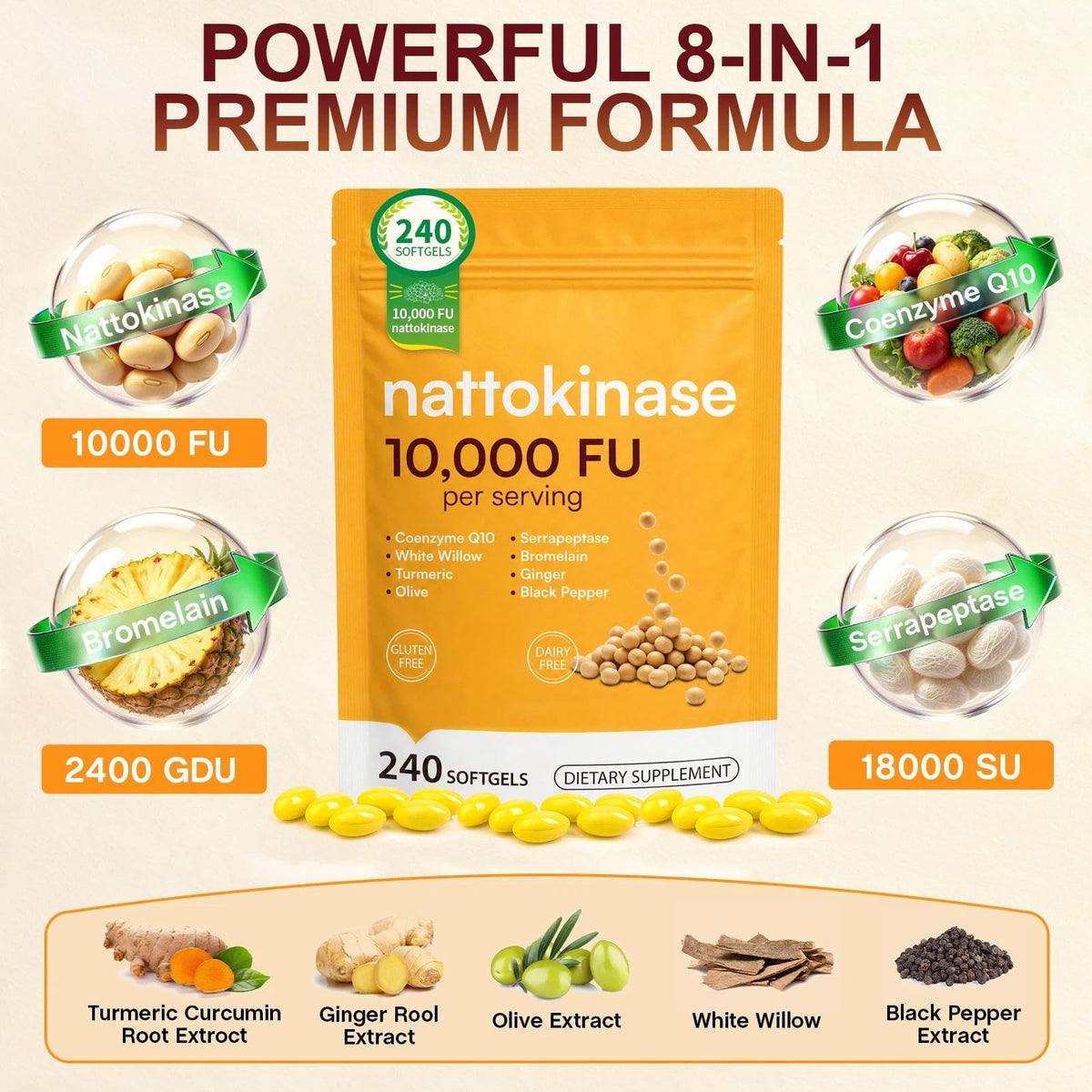 Sachet de 240 gélules de NVXNMSD Nattokinase sur fond blanc