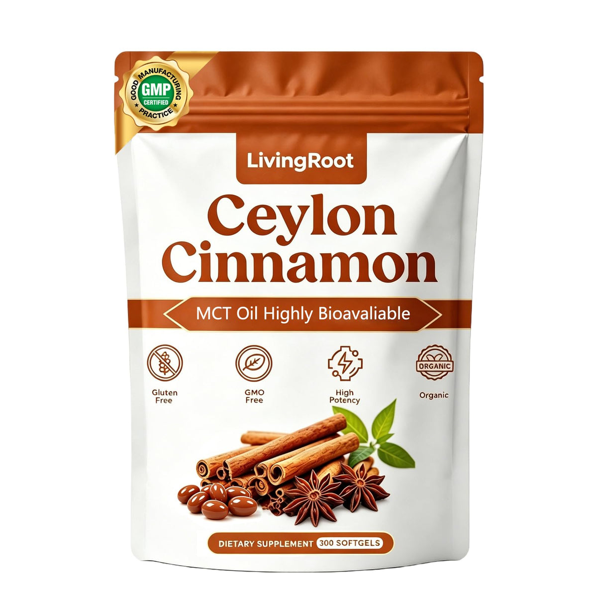 Sachet de 300 softgels de Canelle de Ceylan LivingRoot avec Huile MCT