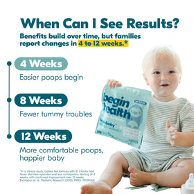 Sachet de Beginbaby® Prébiotiques et Probiotiques, présentation sur une table