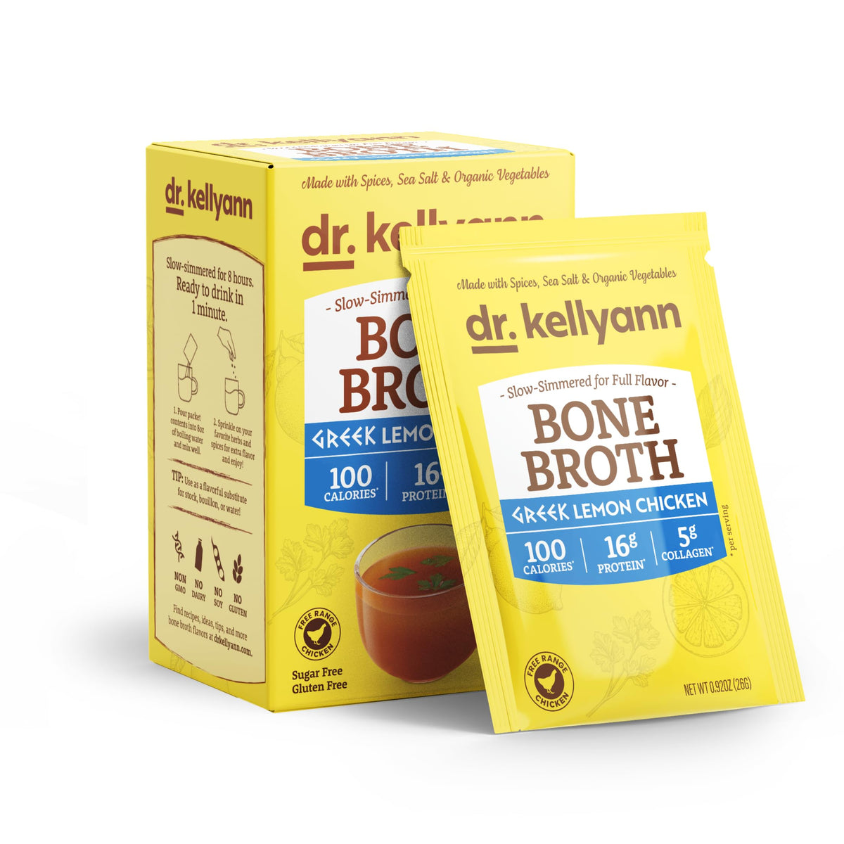 Sachet de bouillon d'os Dr. Kellyann avec citron et instructions
