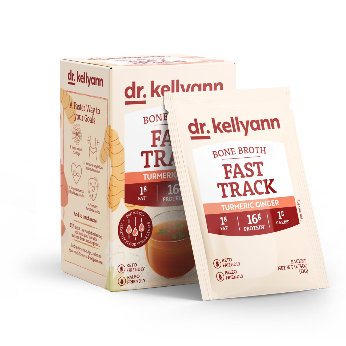 Sachet de bouillon d'os Dr. Kellyann ouvert avec poudre visible