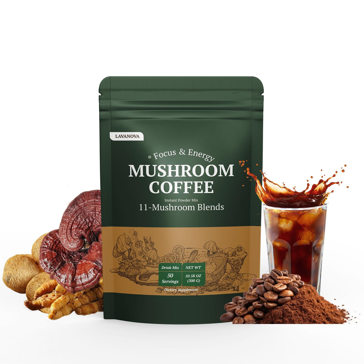 Sachet de café aux champignons LAVANOVA 2000mg vue de face