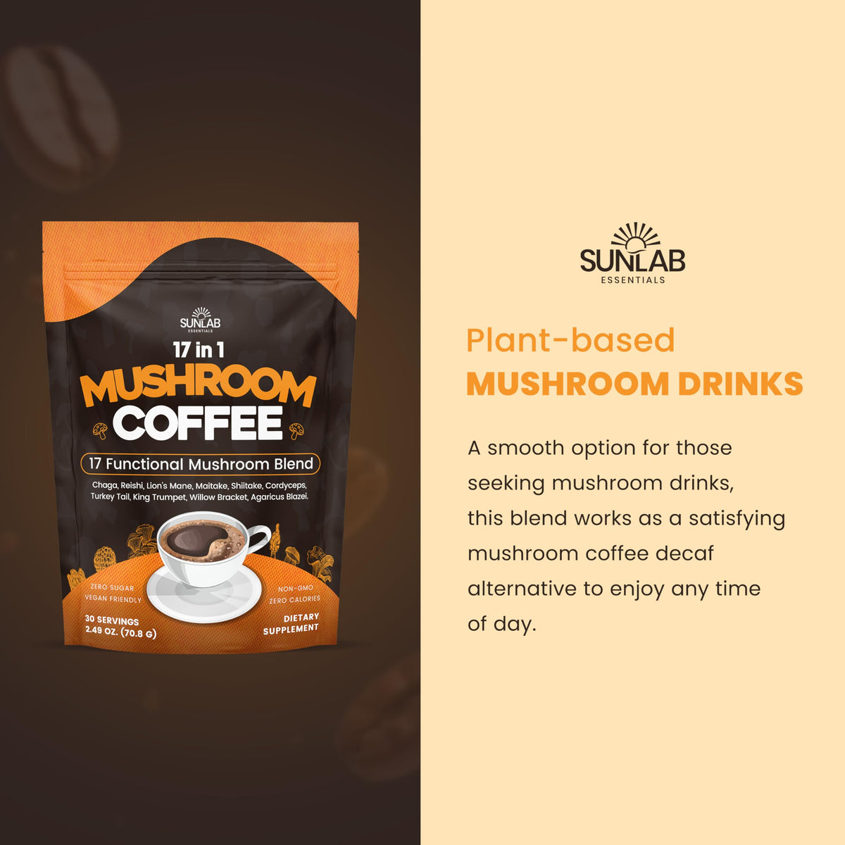 Sachet de café de champignons bio SunLab Essentials ouvert