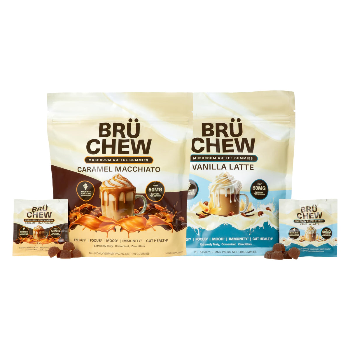 Sachet de Chewables BruChew contenant 28 paquets de gommes énergétiques